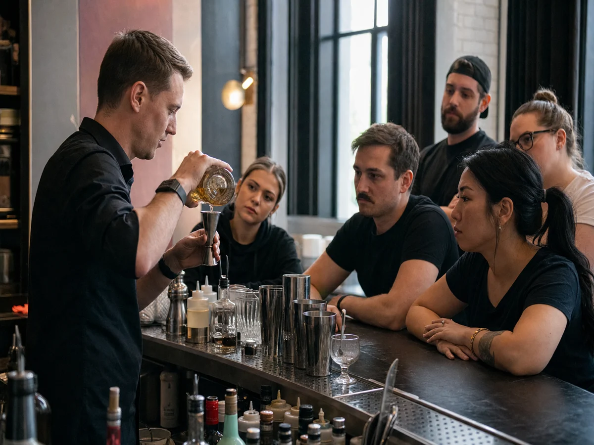 Instructor pour demo at bartending school Bartending school training — instructor demonstrates pour technique at a live bar station