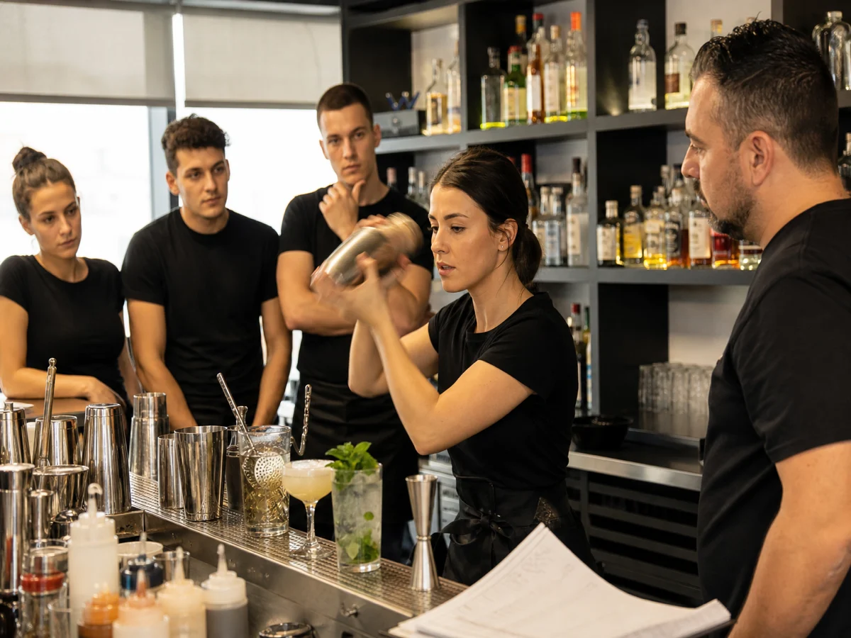 Bartending school speed drill — student trains multitasking on a busy practice bar shift