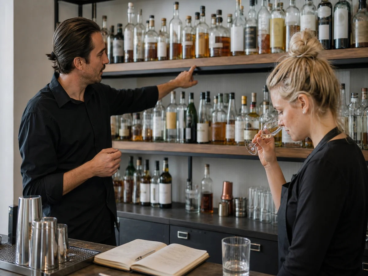 Bartending school lesson — spirits and product knowledge with instructor and student