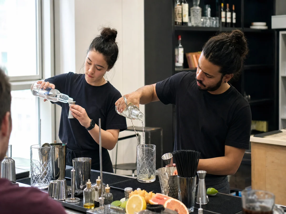 Bartending school class — students practice cocktail builds behind a real training bar